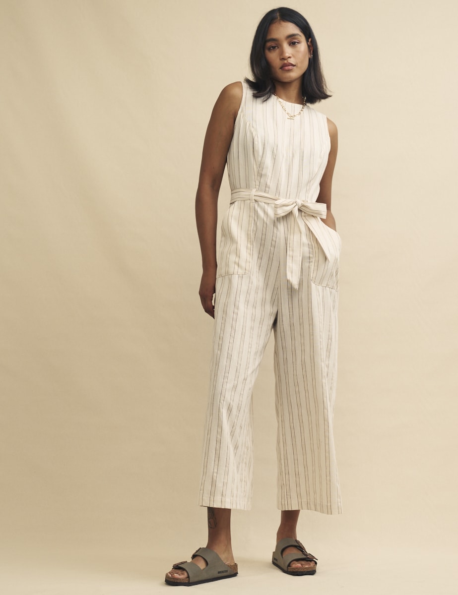 Cream Stripe Tie Waist Jumpsuit