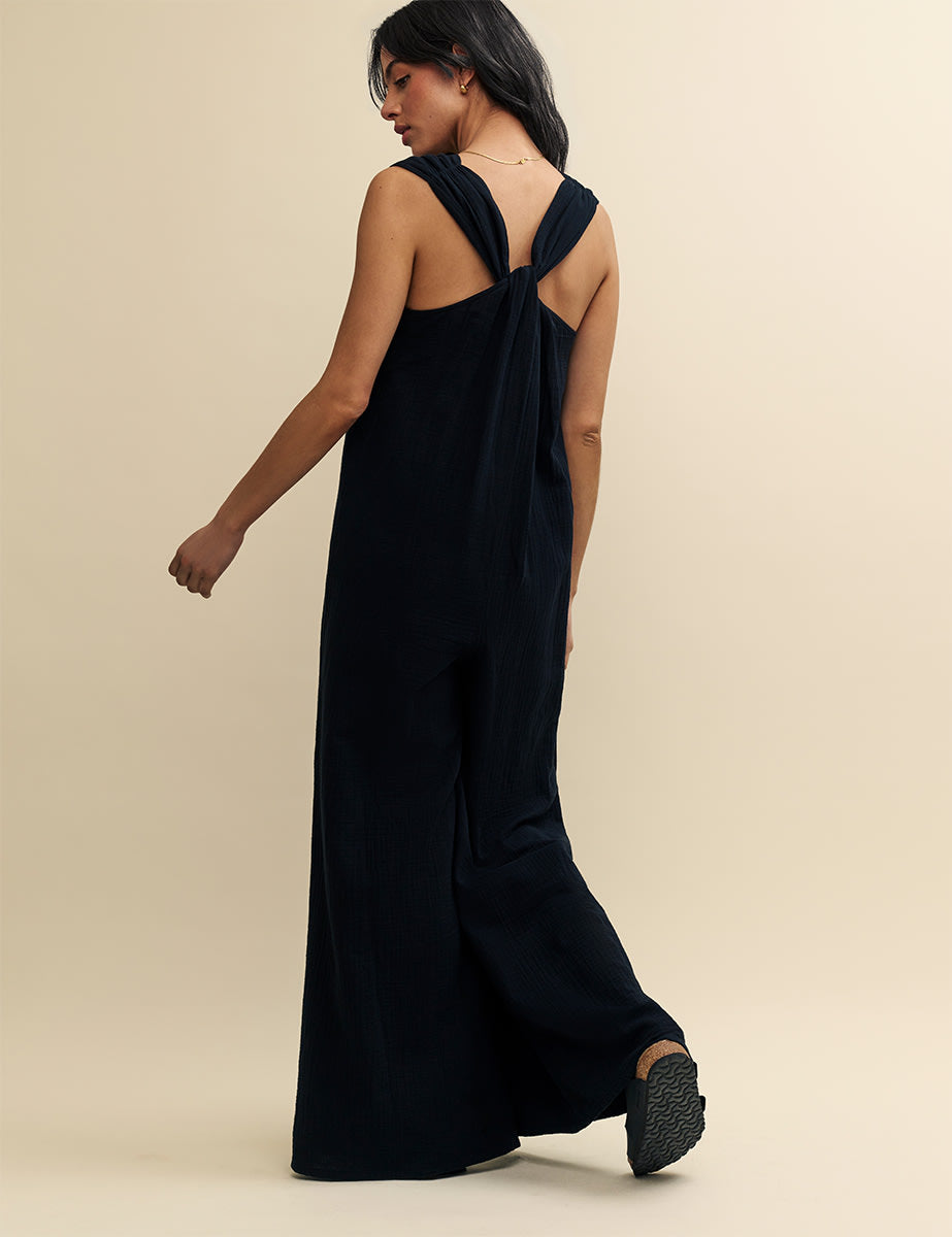 Black Ruched Shoulder Jumpsuit