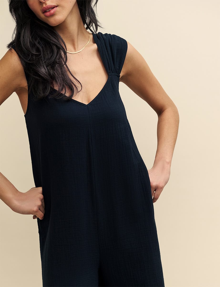 Black Ruched Shoulder Jumpsuit