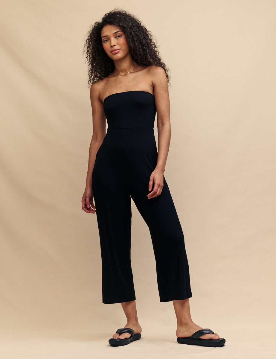 Black Bandeau Ribbed Jersey Jumpsuit