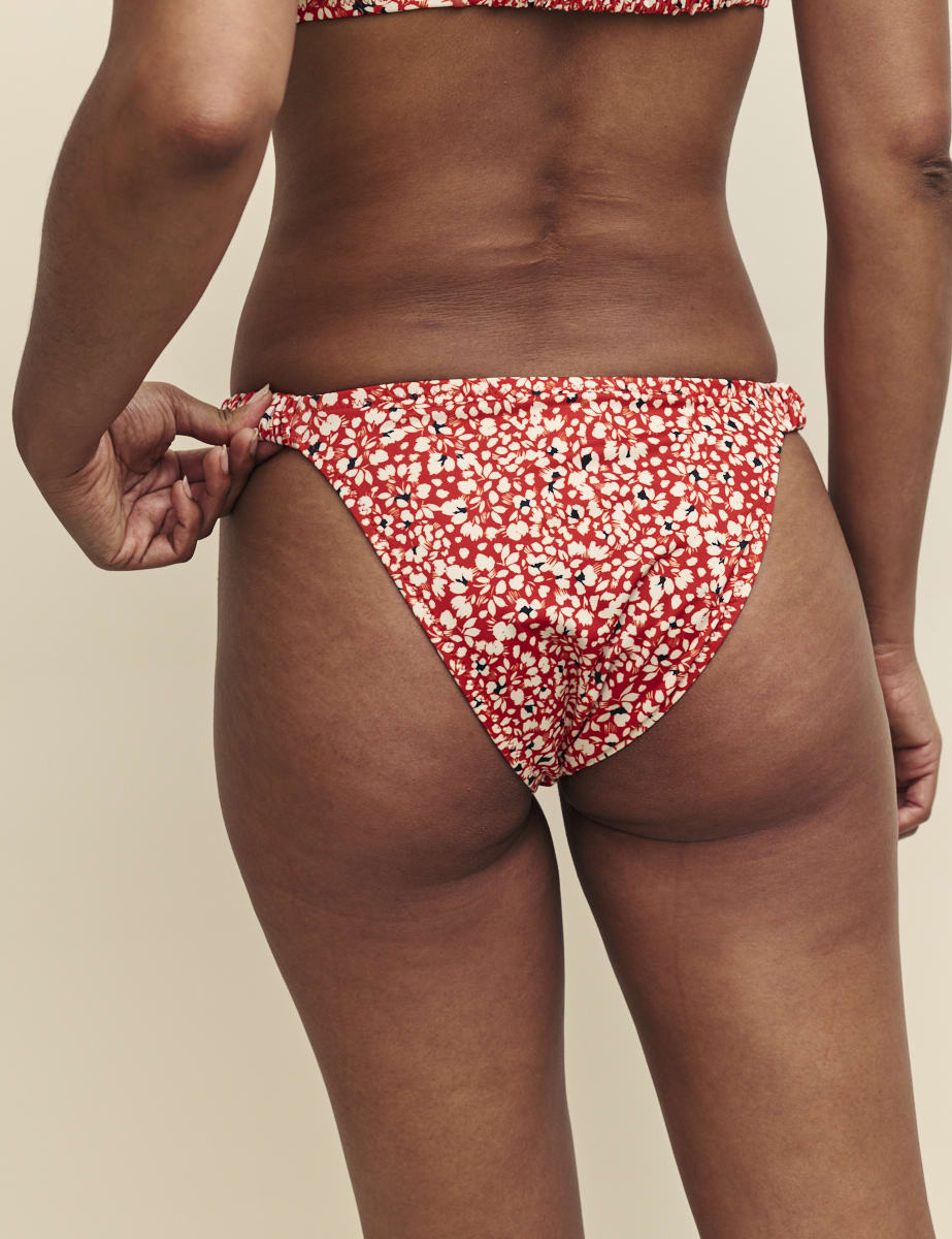 Red Floral Shirred Side Bikini Bottoms