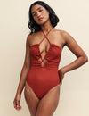 Brown Cut Out Halter Neck Swimsuit