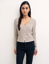 Cream Stripe Long Sleeve Button Through Top