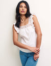 White Mock-Crochet Trim Frill Sleeve Top