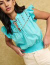 Blue Tie Neck Frill Sleeve Blouse