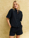 Black Button Up Cotton Short Sleeve Shirt