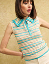 Blue and Cream Stripe Peter Pan Collar Mock-Crochet Top