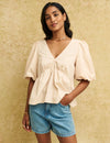 Beige V-Neck Puff Sleeve Vienna Blouse