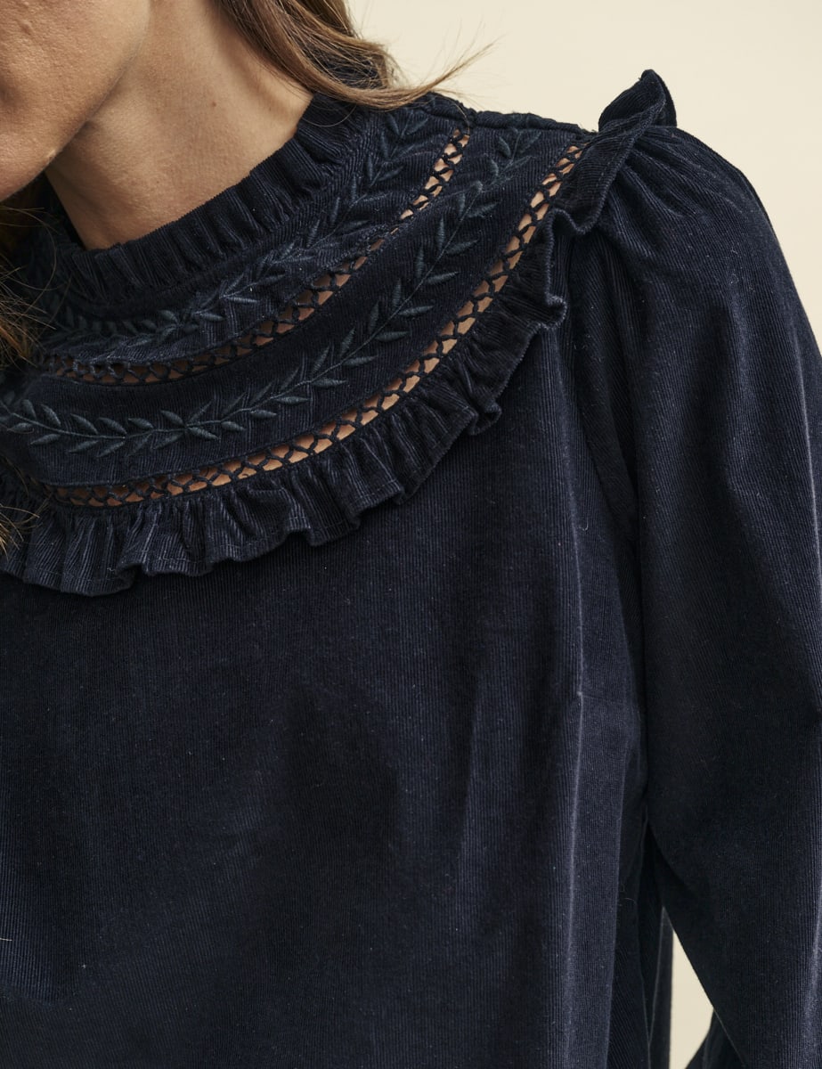 Black Cord Embroidered Frill Collar Blouse