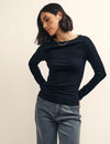 Black Long Sleeve Slash Neck Top