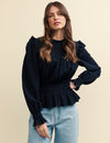 Black Shirred Ruffle Peplum Blouse