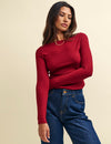 Dark Red Long Sleeve Slash Neck Top