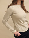 Cream Linen-blend Long Sleeve Slash Neck Top