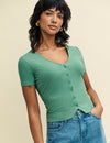 Green V-Neck Button Detail Short Sleeve Top