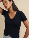 Black V-Neck Button Detail Short Sleeve Top