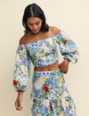 Blue Floral Tile Print Bardot Crop Top