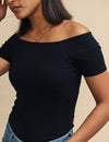 Black Short Sleeve Ribbed Bardot Top