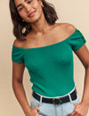 Green Striped Button Shoulder Bardot Top