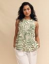 Cream Linen-blend Abstract Print Top