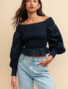 Black Balloon Sleeve Sheered Front Bardot Top